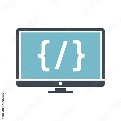 Computer screen displaying code symbols.