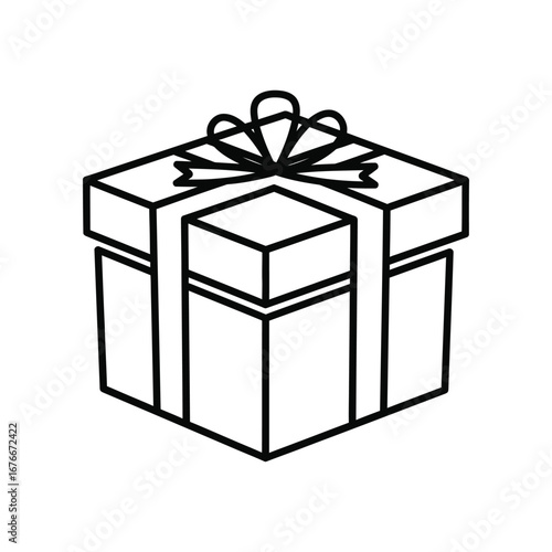 Gift Box Outlined: A meticulously crafted, outlined gift box, beautifully tied with ribbon and bow, symbolizes the anticipation of giving and the joy of receiving in a clean, minimalist style. 