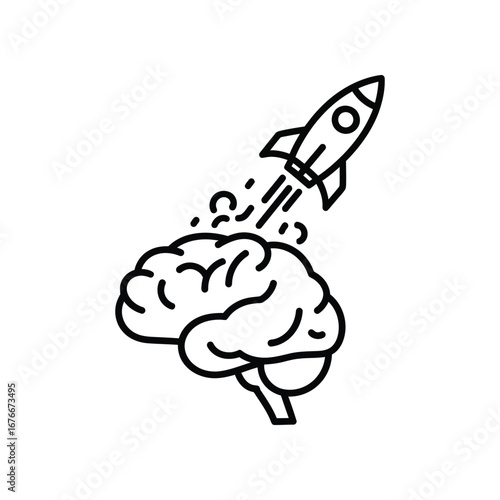 Innovation Launch: A conceptual image of a rocket launching from a brain, representing the power of human intellect to generate innovative ideas and ignite progress. 