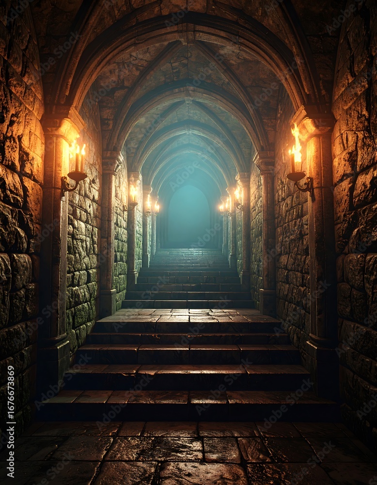 Fototapeta premium Dark, Stone-Arched Dungeon Passageway with Candles.