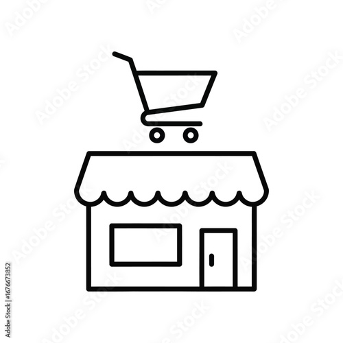 Shop's Cart: Minimalist representation of a shop with a cart on top. Evoking a feeling of purchasing, local business and easy transaction.