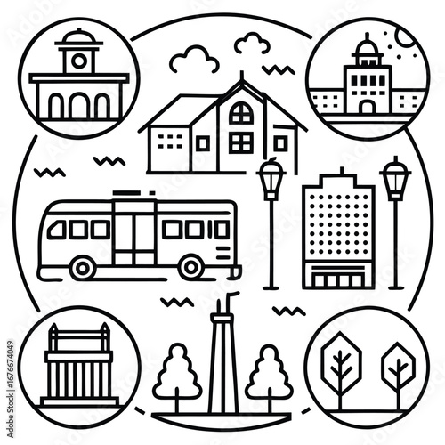 Vector illustration of an urban city with colorful vintage buildings and a cartoon house on a street