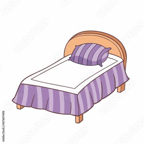 Cozy bed with striped pillow and blanket purple