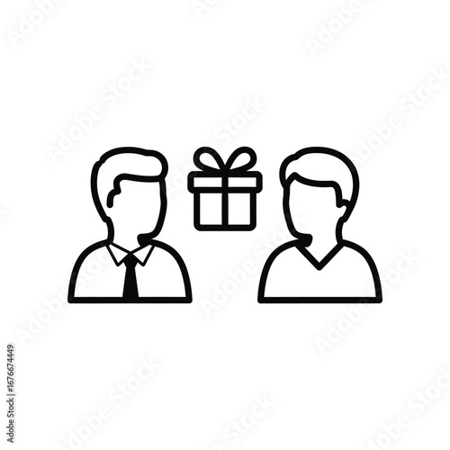 Sharing the Gift: A simple graphic illustration showing two individuals exchanging a present, perfect for conveying themes of giving, generosity, and appreciation.