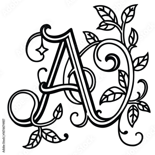 Hand-drawn musical floral alphabet vector illustration with a lyra instrument and jazz art design