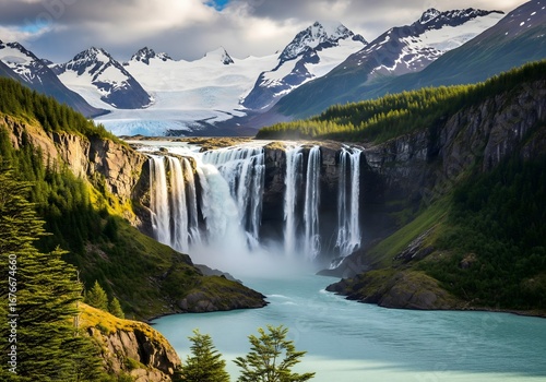 Spectacular Waterfall Cascading into a Serene Lake Amidst Majestic Mountains