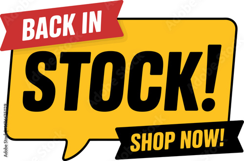 Back in stock announcement shop now retail business promotion