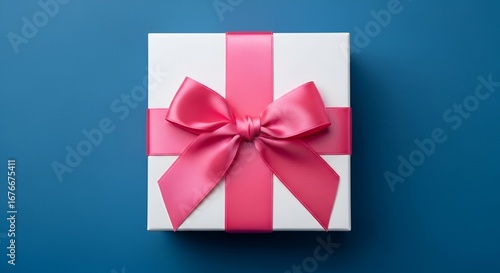 A single white gift box topped with a bright pink satin bow. This clean and simple top-down photograph on a classic blue background is perfect for any celebration or holiday concept.