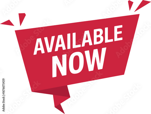 Red ribbon banner with text available now against a light gray background