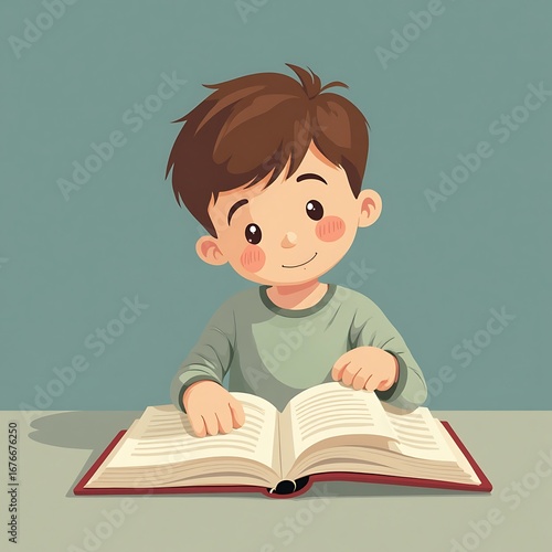Boy Reading a Book at Table Smiling Cartoon Illustration