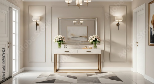 A luxurious and elegant entryway featuring a gold-framed console table with fresh flowers, a decorative mirror, and sophisticated wall paneling. Perfect for modern classic home decor inspiration.