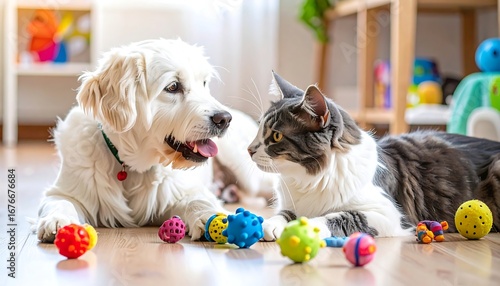 Playful dog and cat interacting with colorful toys in a bright, cozy indoor setting