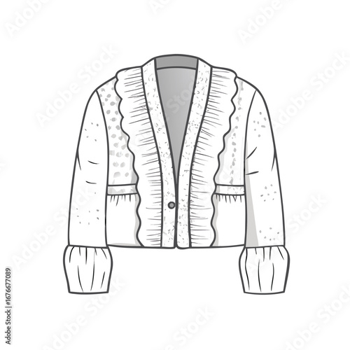 White ruffled cardigan with textured fabric and button closure clothing fashion