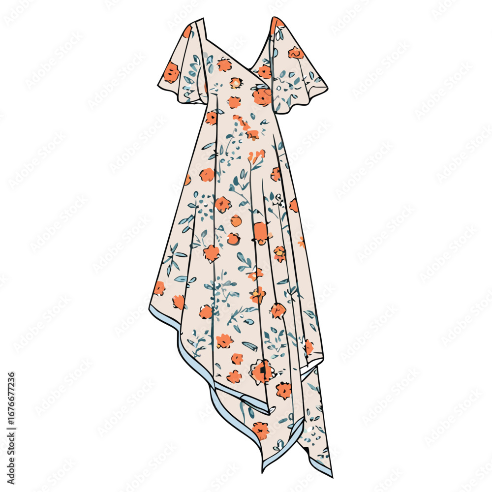 Obraz premium Flowing floral dress with flutter sleeves and asymmetrical hem orange blue