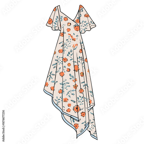 Flowing floral dress with flutter sleeves and asymmetrical hem orange blue