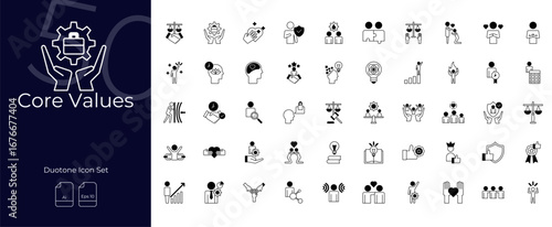Core Values Duotone Editable Icons set. Vector illustration in modern thin duotone style of core values icons: succeed, empathy, professional, etc