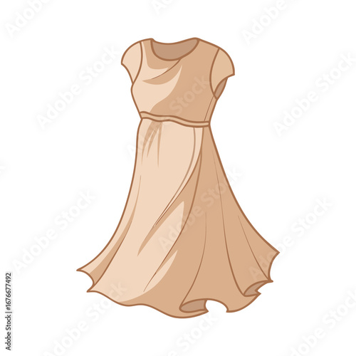 Flowing tan dress with short sleeves and a cinched waist beige fabric