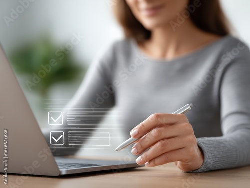 Focused view shows woman using laptop, pen, check boxes, completing task. Digital interface floats above keyboard. Task, checkboxes, forms, documents, plus, business, decision, completing, choosing,