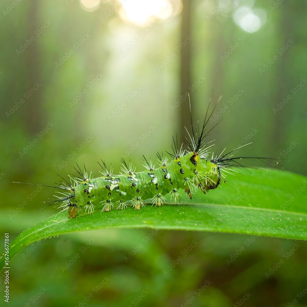 Naklejka premium Green Caterpillar on Leaf in Forest Setting.