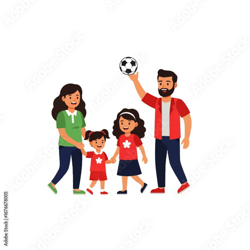 Smiling family of four with two daughters and a soccer ball. Concept of active lifestyle, parenting, family bonding, and happy childhood