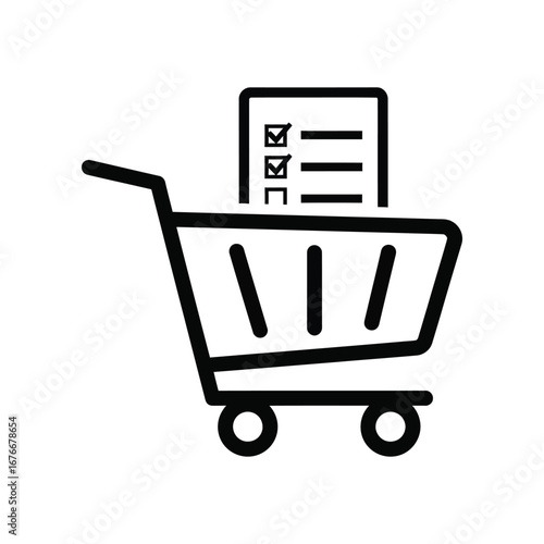 Shopping Cart with Checklist: A stylized shopping cart holds a checklist, perfect for illustrating tasks, orders, or purchase lists. 