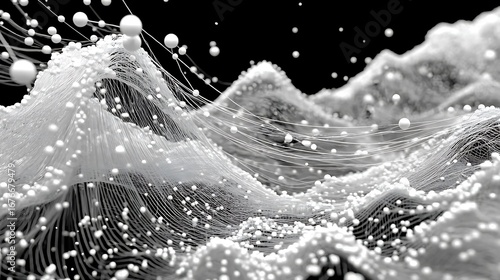 a monochromatic rendering displays an abstract scene with undulating lines and spherical shapes