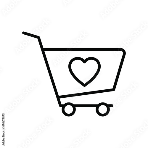Love in Every Cart: A minimalist black and white line art illustration of a shopping cart, subtly incorporating a heart, inviting viewers to experience shopping with passion and joy.