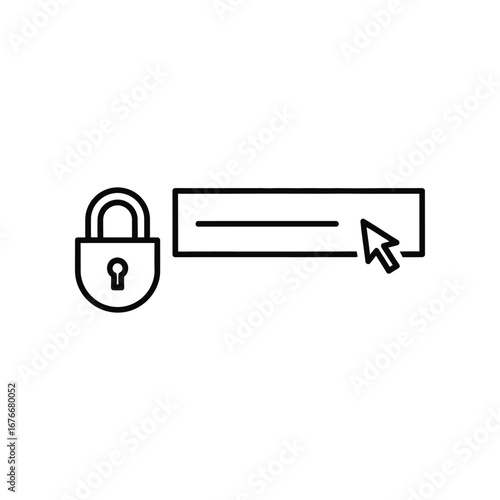 Secure Login: A minimalist line art illustration of a padlock securing a login interface, with a cursor poised over the input field, representing online security.
