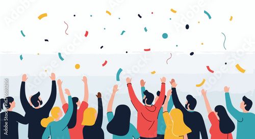 Vector illustration of a cheering crowd celebrating a major victory or achievement with falling confetti