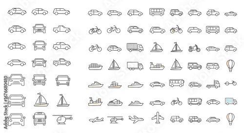 Collection of various transportation vehicles and modes of travel in a clean line art style