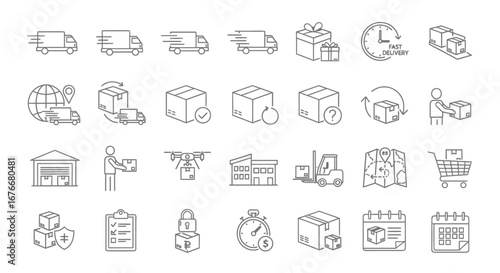 Delivery and logistics icons representing various shipping, transport, and supply chain services