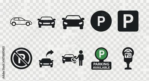 Set of car icons and parking symbols on transparent background