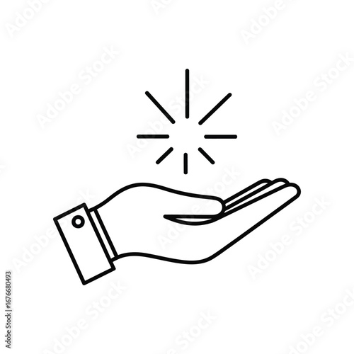 Receiving Symbol in Black and White: A minimalist illustration features a hand outstretched, open to receive a symbol of innovation and brightness, with a clean and contemporary design