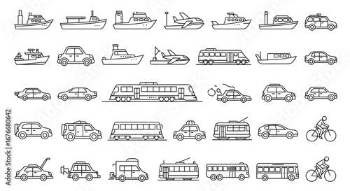 Collection of Transportation Icons Cars, Buses, Boats, and Airplanes