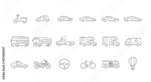Collection of transportation icons including cars, buses, trucks, motorcycles, bicycles, and aircraft