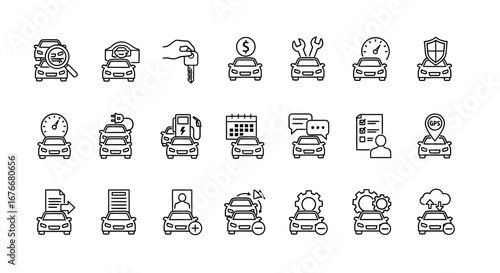 Car icons representing various services and features of automobile industry