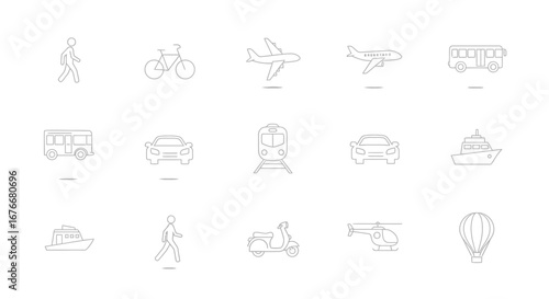 Collection of line art icons representing various modes of transportation and travel