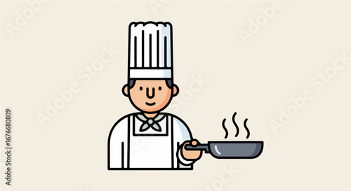 Chef in uniform holding a pan with steam rising, ready to cook a delicious meal