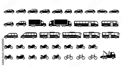 Collection of various vehicles including cars, trucks, buses, motorcycles, bicycles, and a tow truck