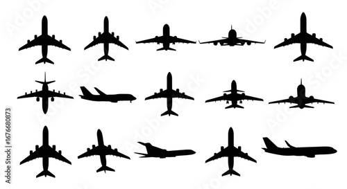 Collection of Various Airplane Silhouettes Isolated on White Background