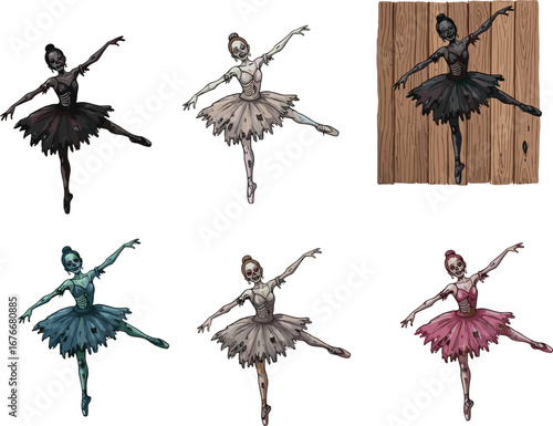 Zombie ballerina artwork, horror dance characters, creepy ballet design, undead ballerinas illustration, 