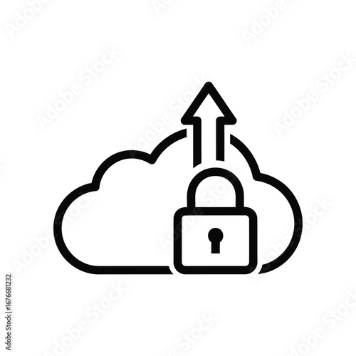 Cloud Security: A symbolic depiction of a secure cloud environment, with a lock and upward arrow.