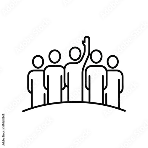 Leadership in Unity: An emblematic illustration of a unified group, with one figure raising their hand, symbolizing leadership, direction, and collective action.