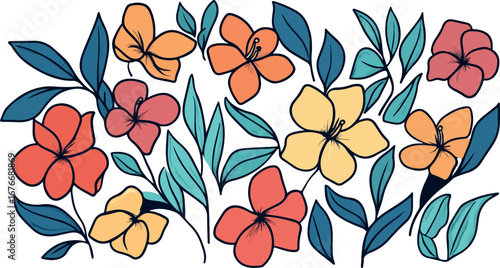 Vibrant hand drawn floral arrangement with colorful blossoms and lush green leaves