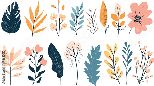 Collection of stylized botanical elements and floral illustrations with a soft color palette