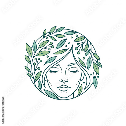 Woman s face adorned with green leaves and berries