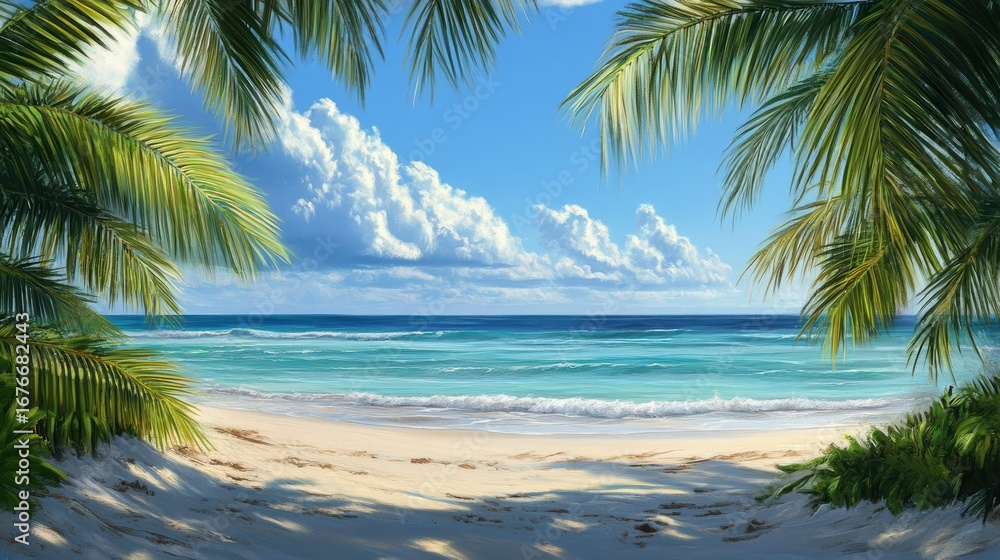 Fototapeta premium A serene beach scene framed by palm trees, showcasing vibrant blue waters and fluffy clouds under a clear sky.