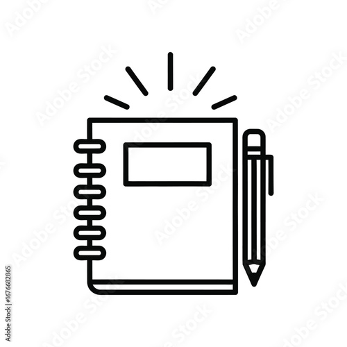 Stationery Essential: A simplistic line drawing of a notebook and pencil, suggesting concepts like creativity, note-taking, and planning