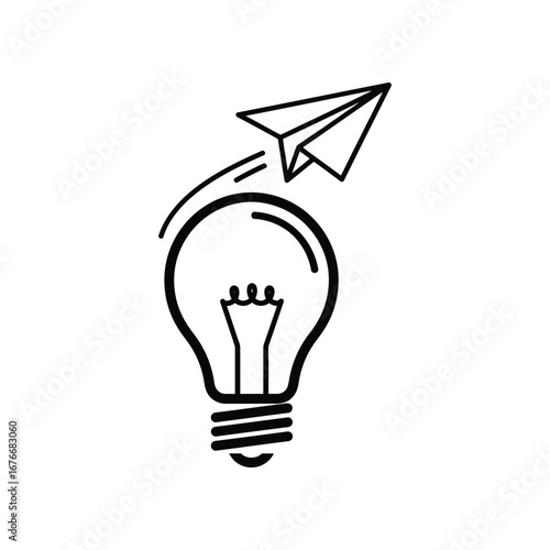 Innovation's Flight: A paper airplane soars above a radiant lightbulb, symbolizing the birth of creativity and the ignition of a groundbreaking idea.