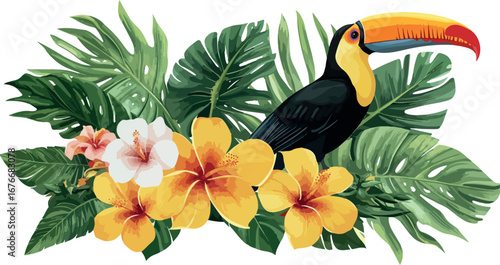 Vibrant toucan bird perched among lush tropical green leaves and exotic blooming flowers